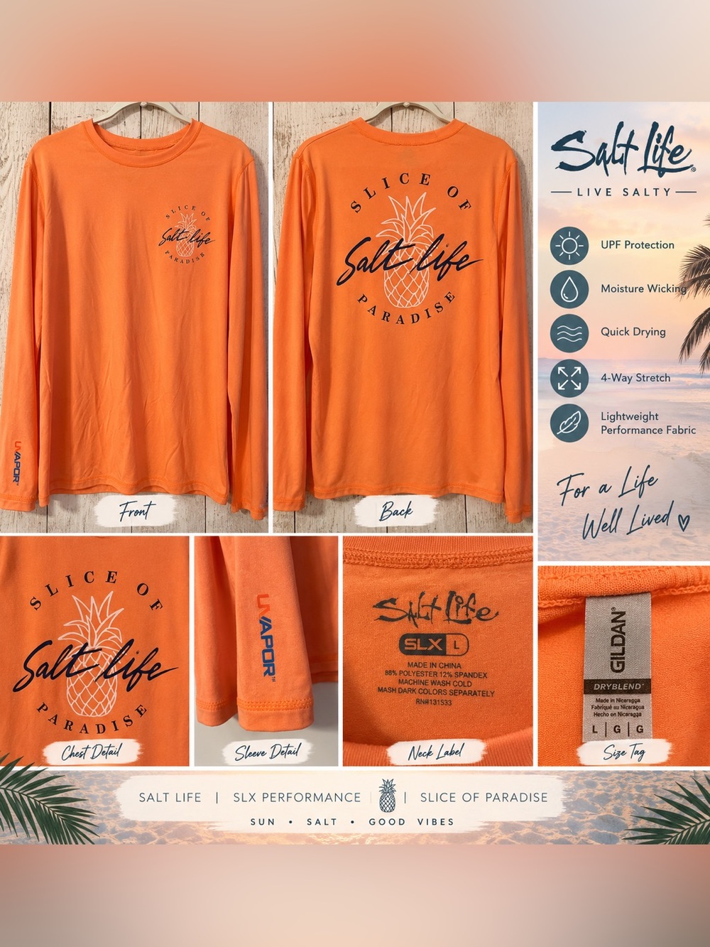 Salt Life Long Sleeve Performance Top - Coral Orange